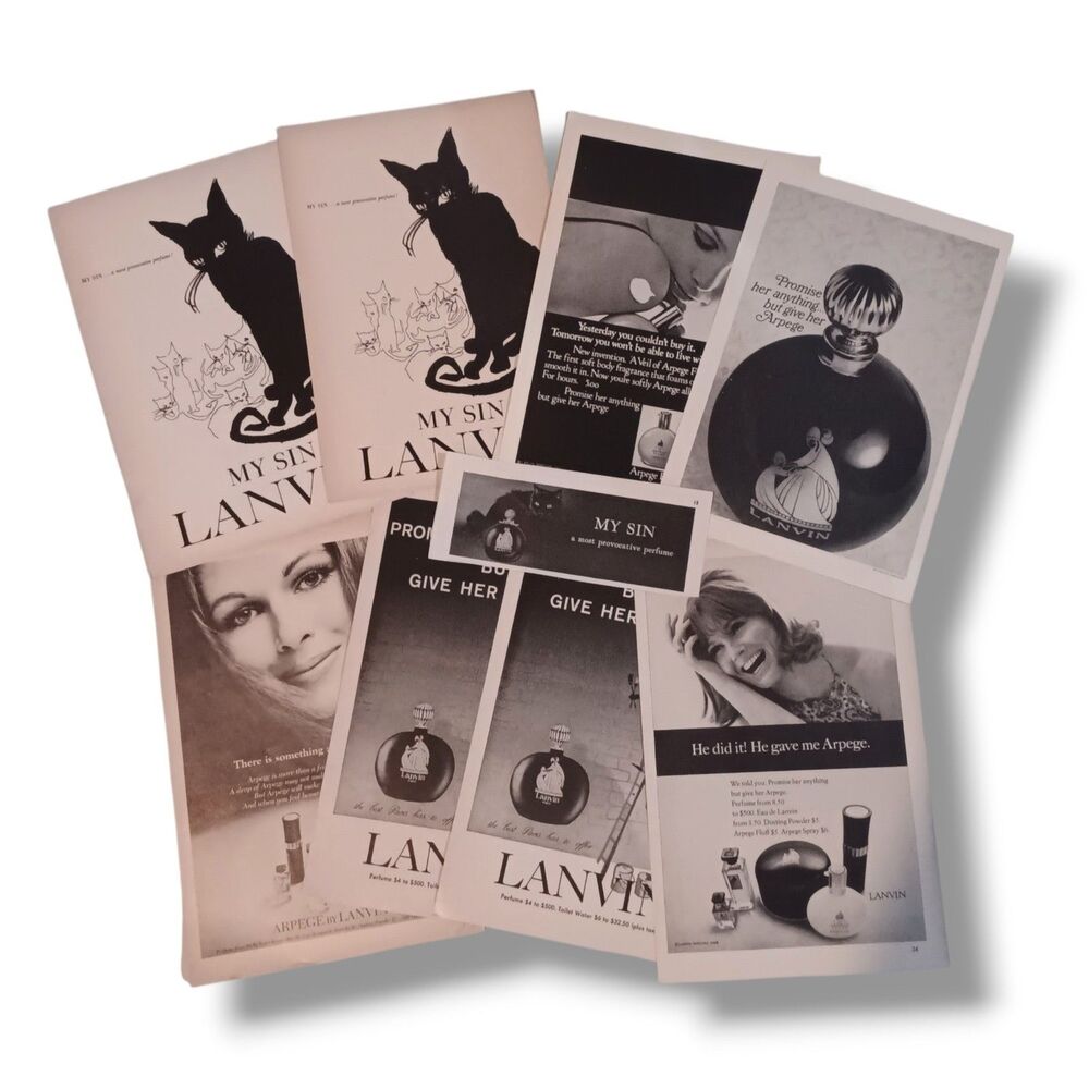 Vtg Lanvin Perfumes Print Ad Lot of 9-1960s-My Sin-Arpege-Madame Zed-Black Cat